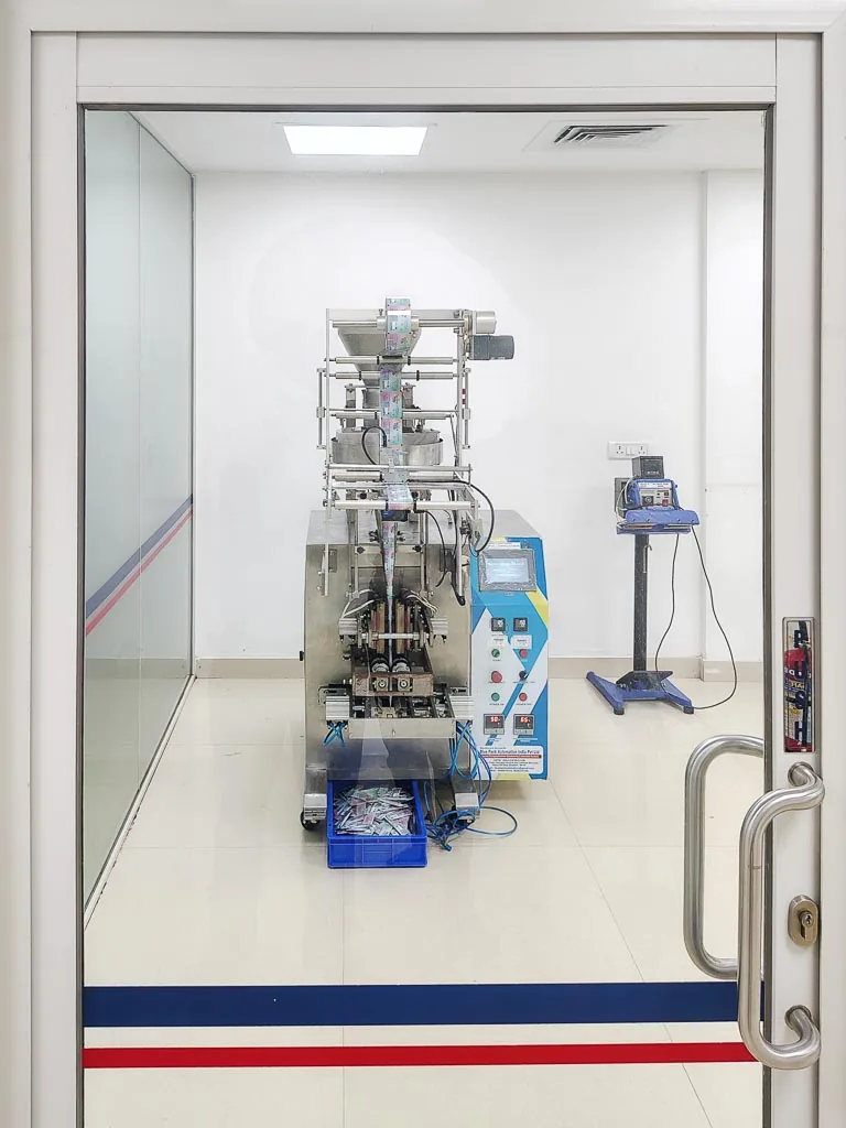 Vertical form-fill-seal sachet and stick-pack machine inside the Stabicon packing cleanroom