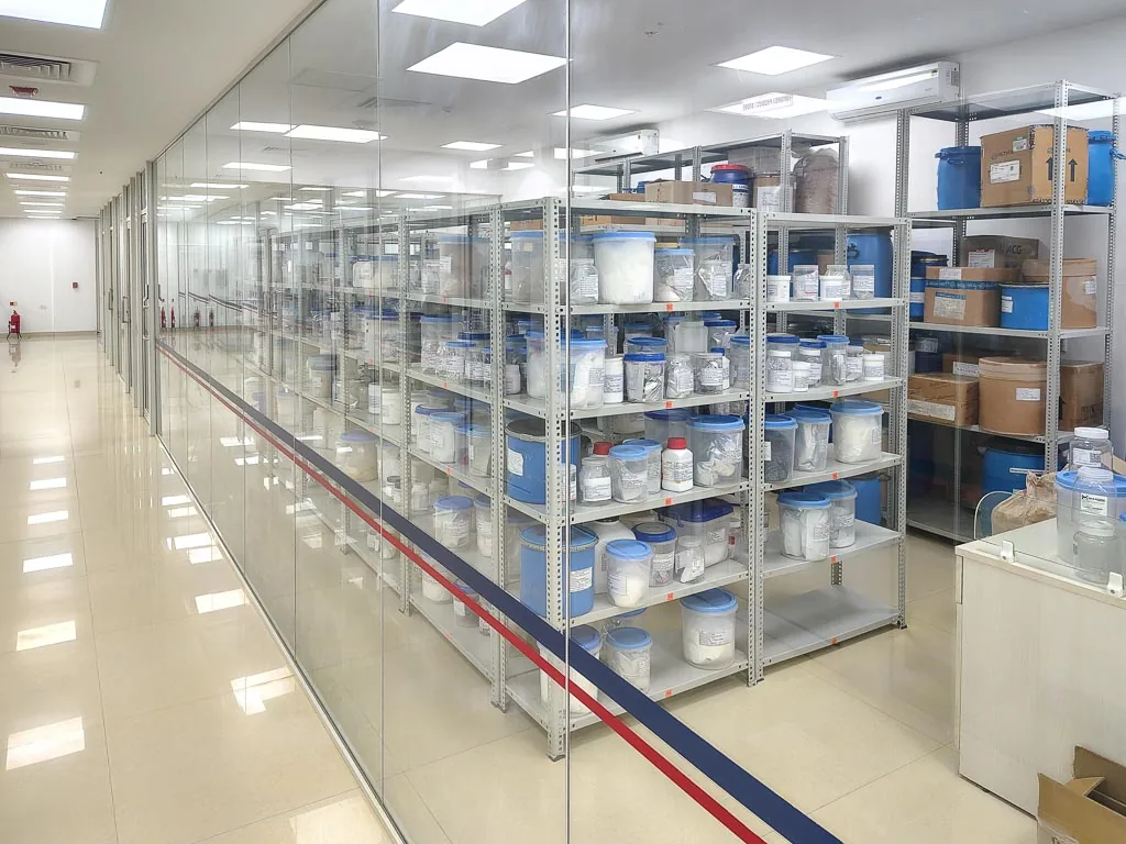 Corridor view of the Stabicon material store with racked raw materials and packaging along the cleanroom passage