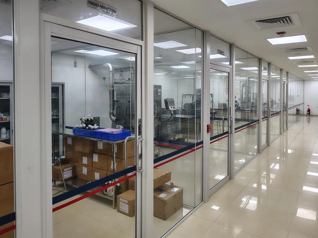Finished Product Store wing beside the glass-walled manufacturing corridor at Stabicon