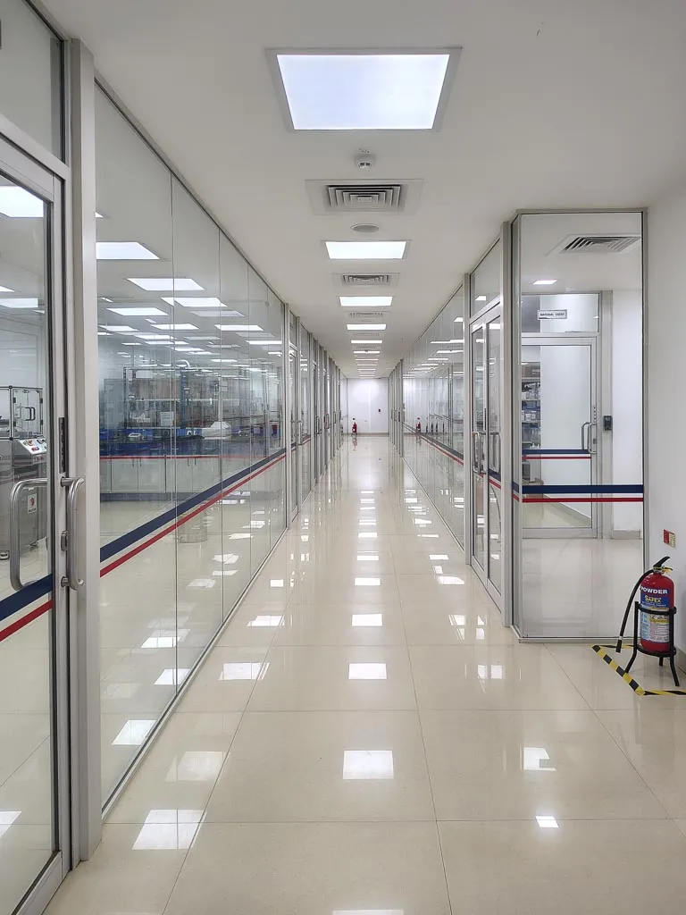 Bright cleanroom corridor lined with glass-walled production suites at the Stabicon facility